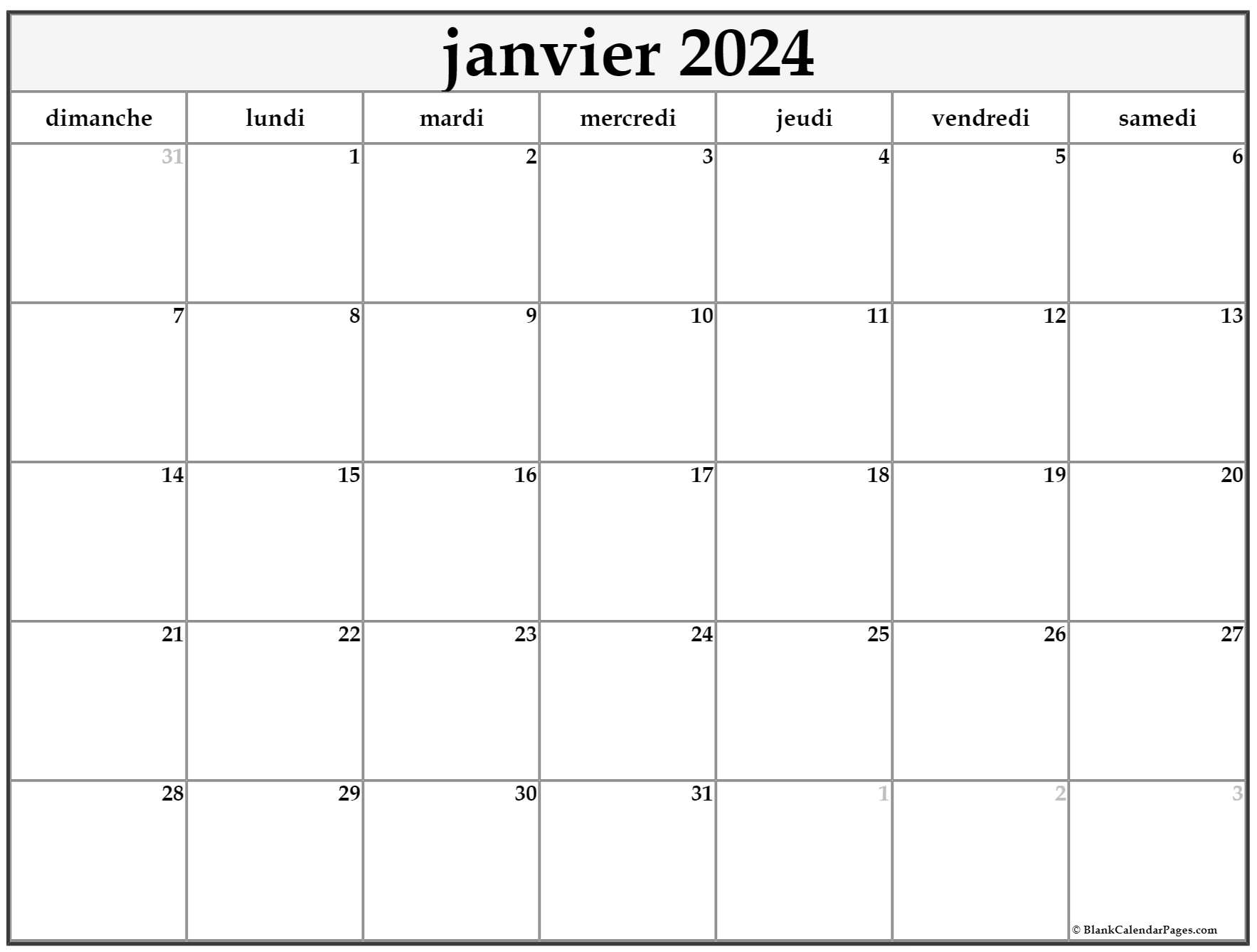 janvier 2024 calendrier imprimable Calendrier gratuit