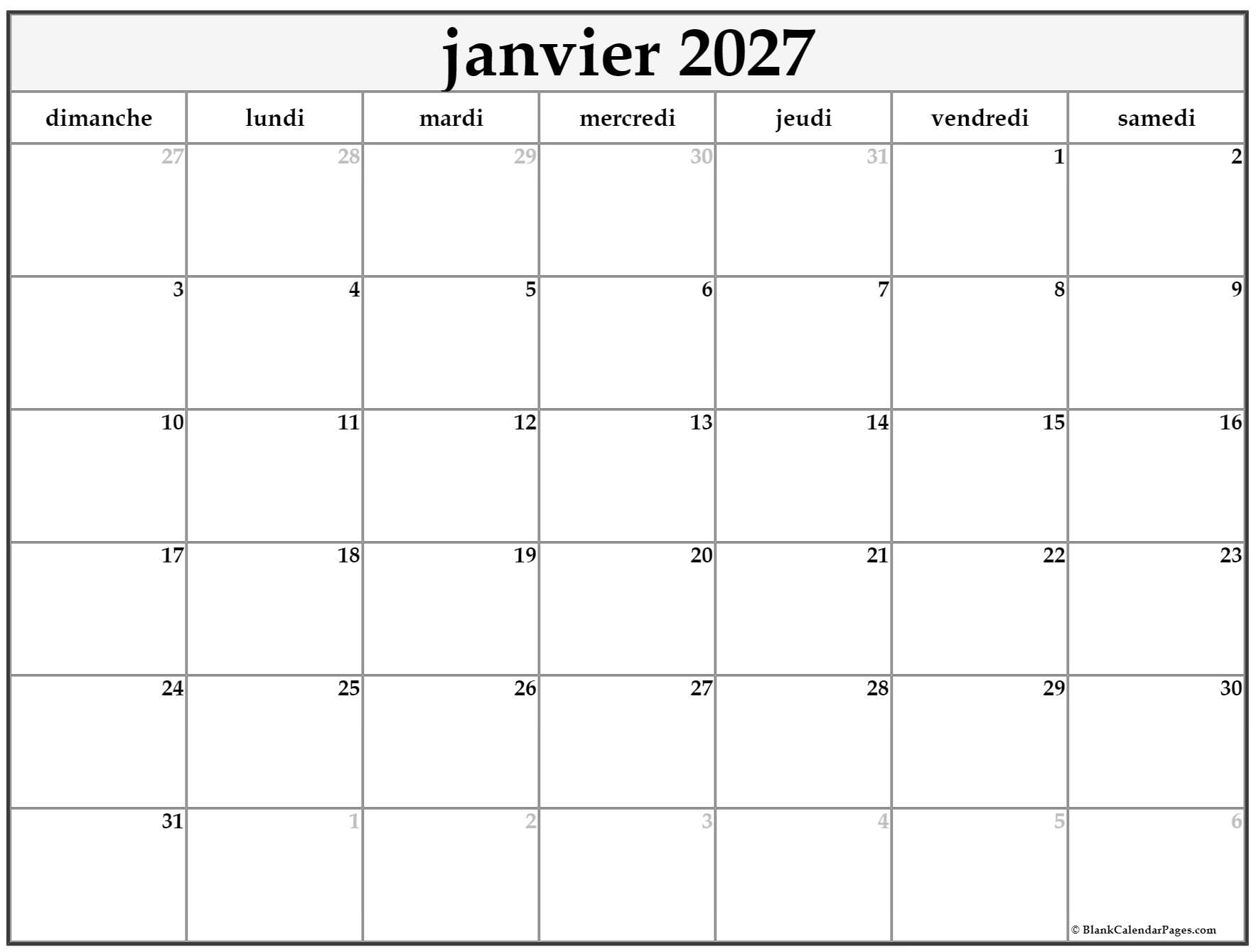 Janvier 2027 Calendrier Imprimable Calendrier Gratuit