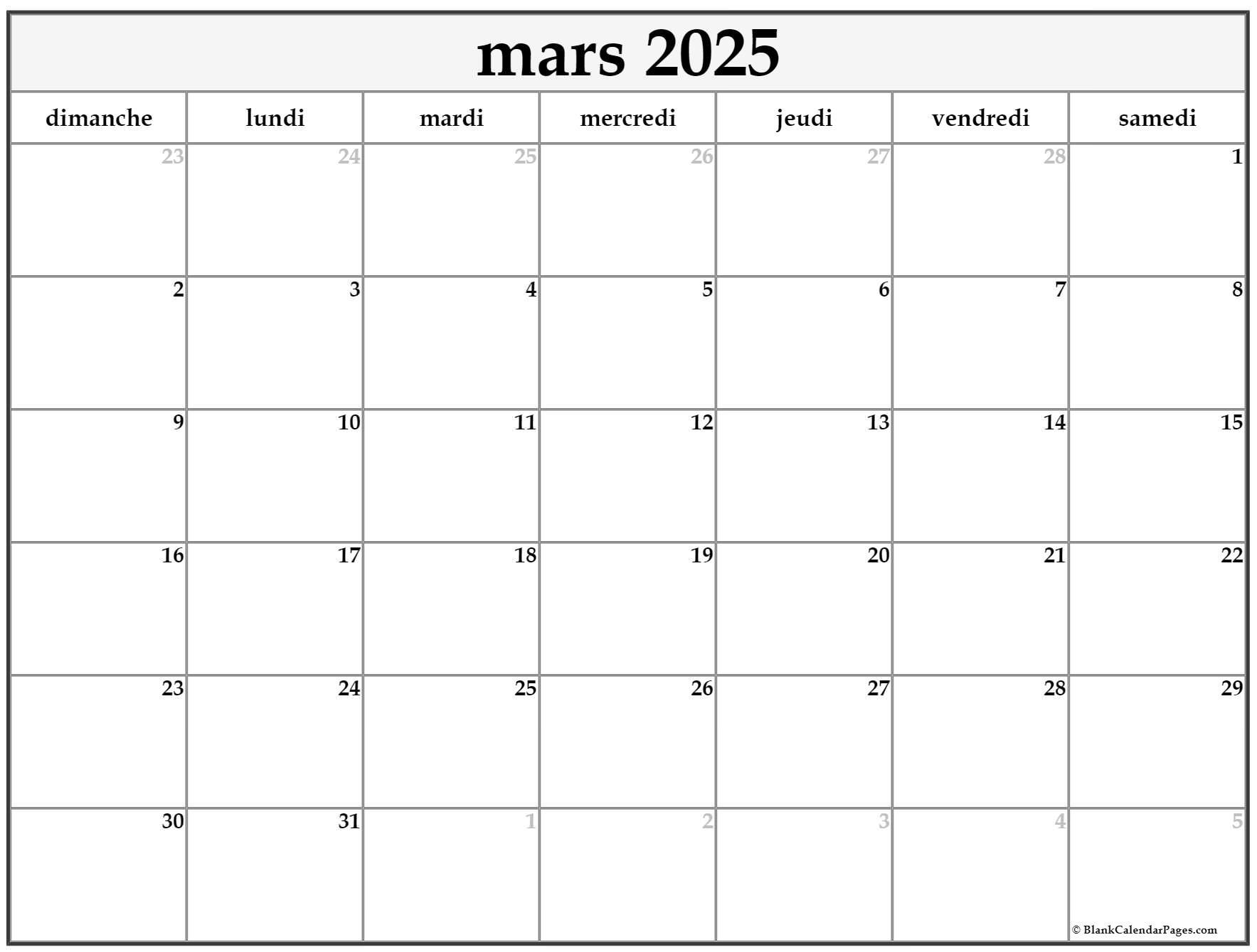 Calendrier 2025 Mars 