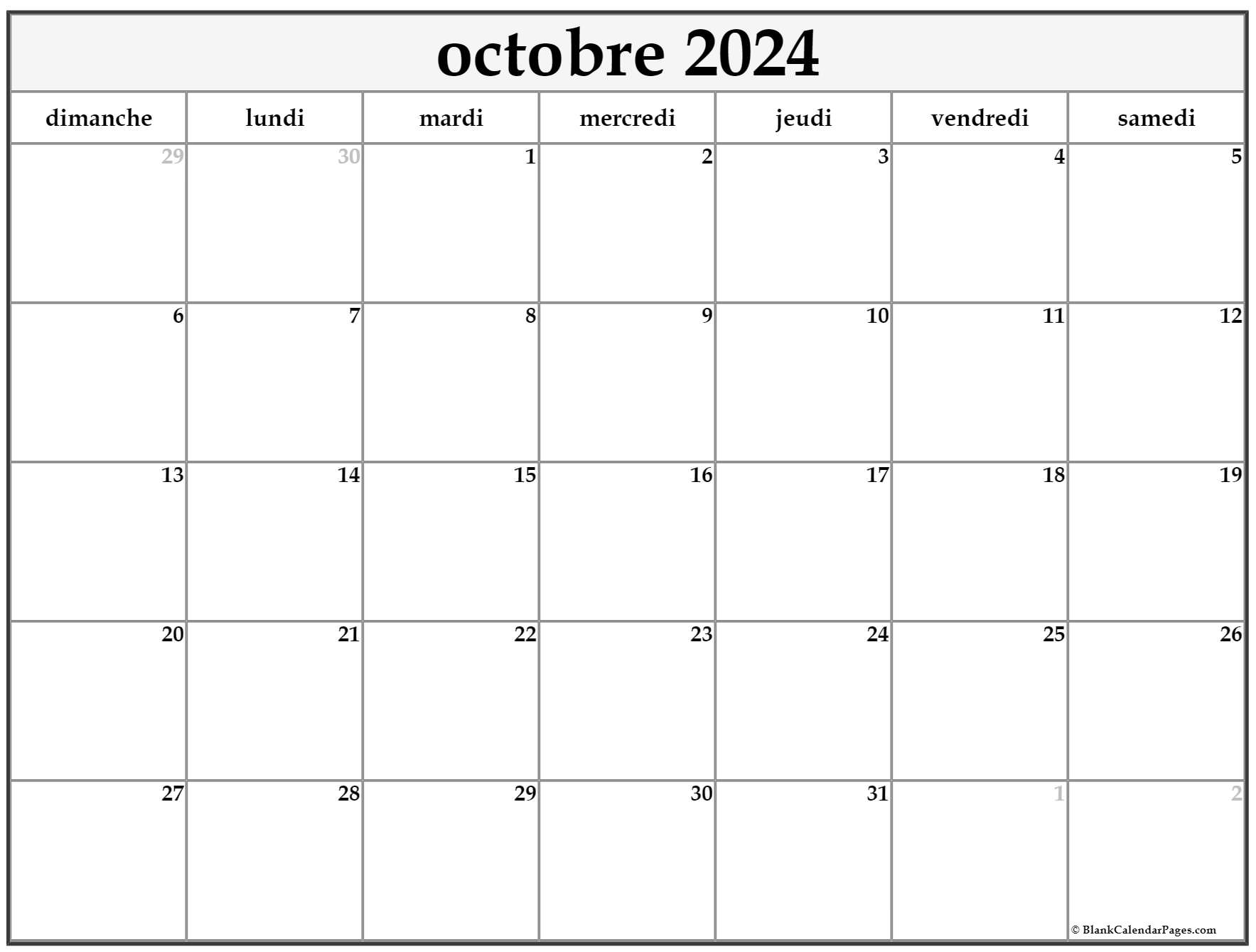 octobre 2024 calendrier imprimable Calendrier gratuit