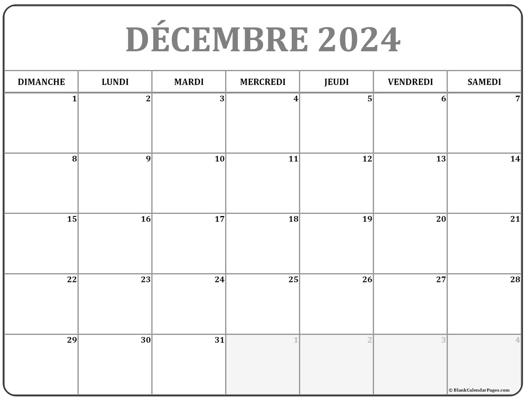 décembre 2024 calendrier imprimable | Calendrier gratuit