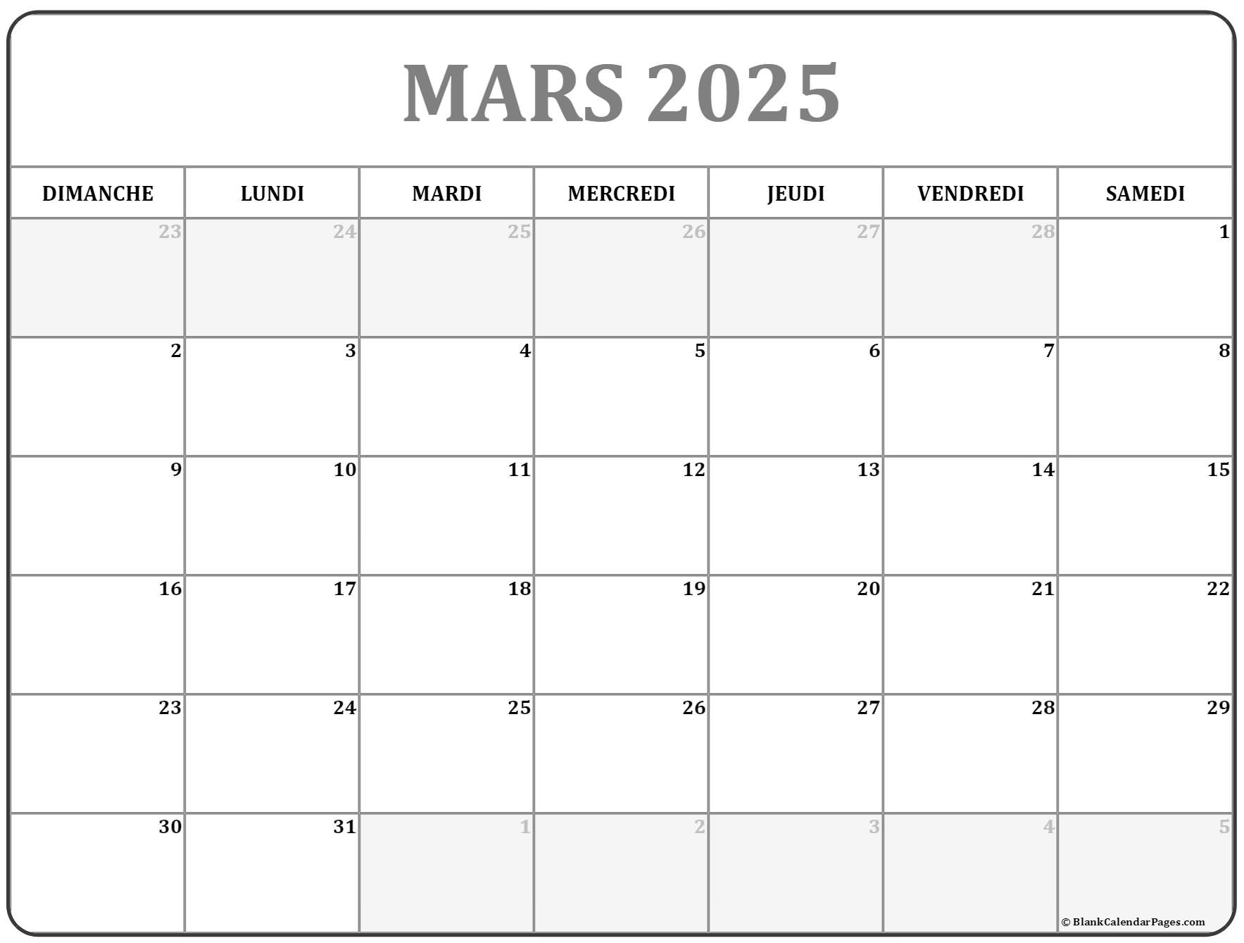 mars 2025 calendrier imprimable Calendrier gratuit