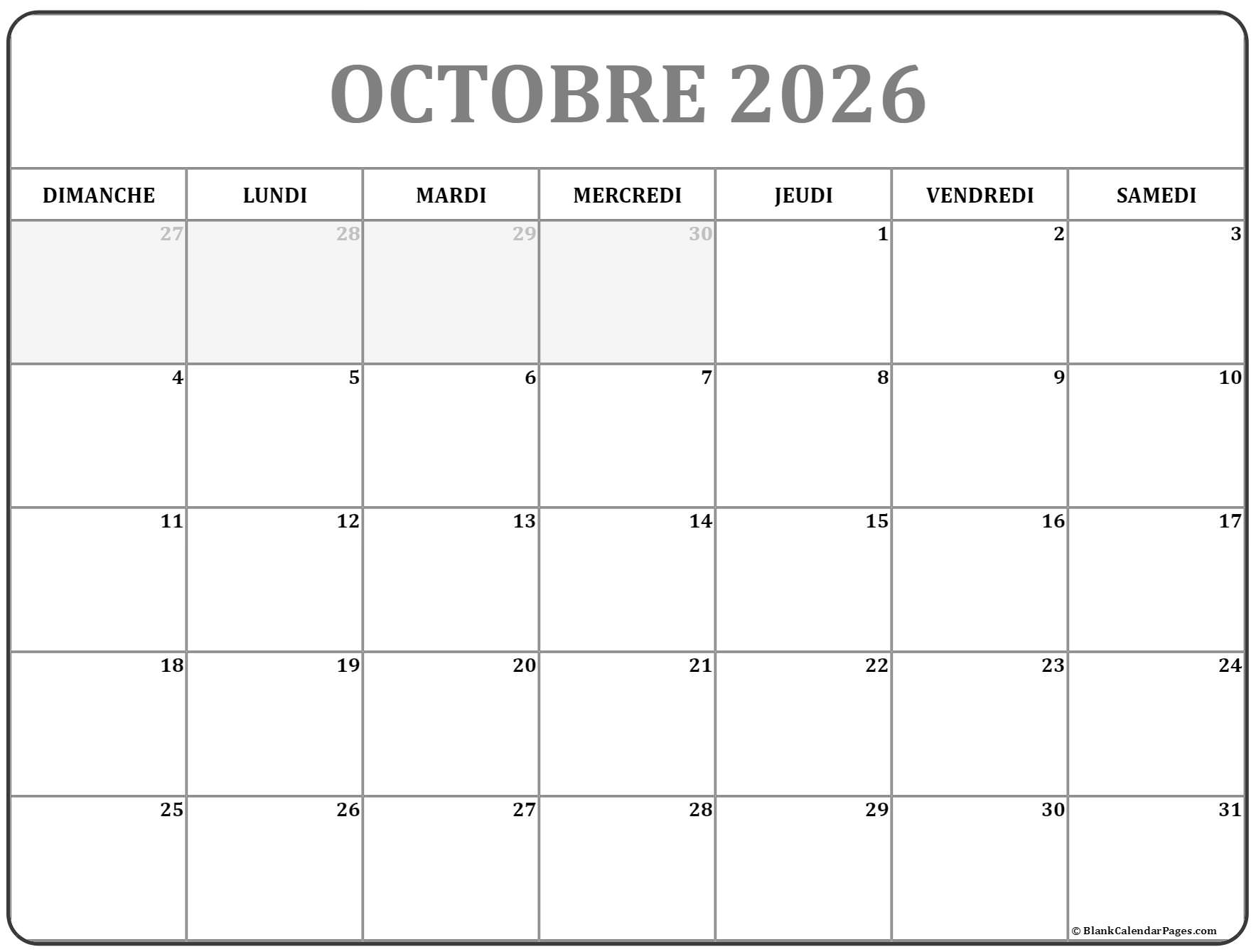 Octobre 2026 Calendrier Imprimable Calendrier Gratuit Octobre 2026 Calendrier Imprimable Calendrier Gratuit