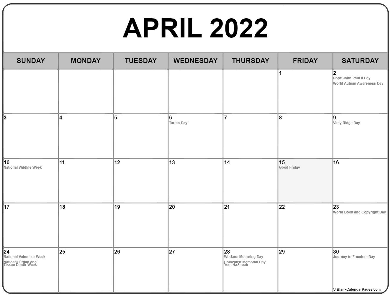 April 2022 Calendar Canada