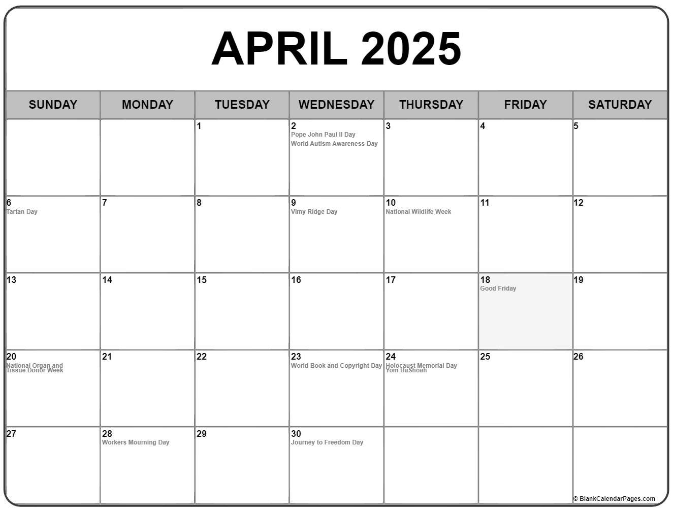 April 2025 Calendar With Everyday Holidays