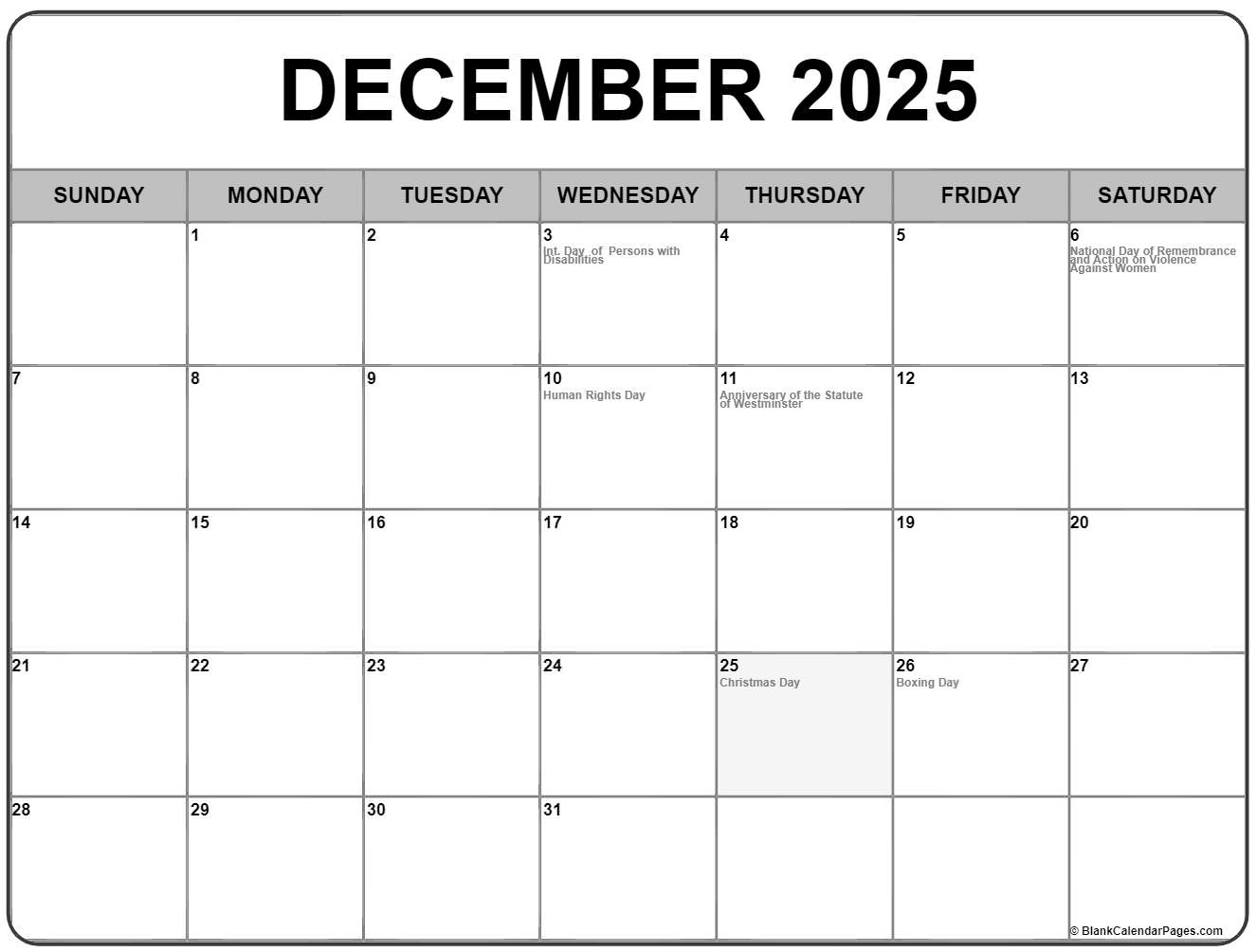 December 2025 with holidays calendar