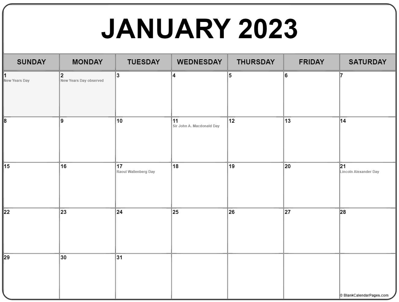 January 2023 With Holidays Calendar