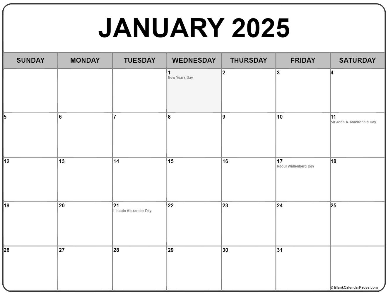 Jan 2025 Calendar Canada Pdf