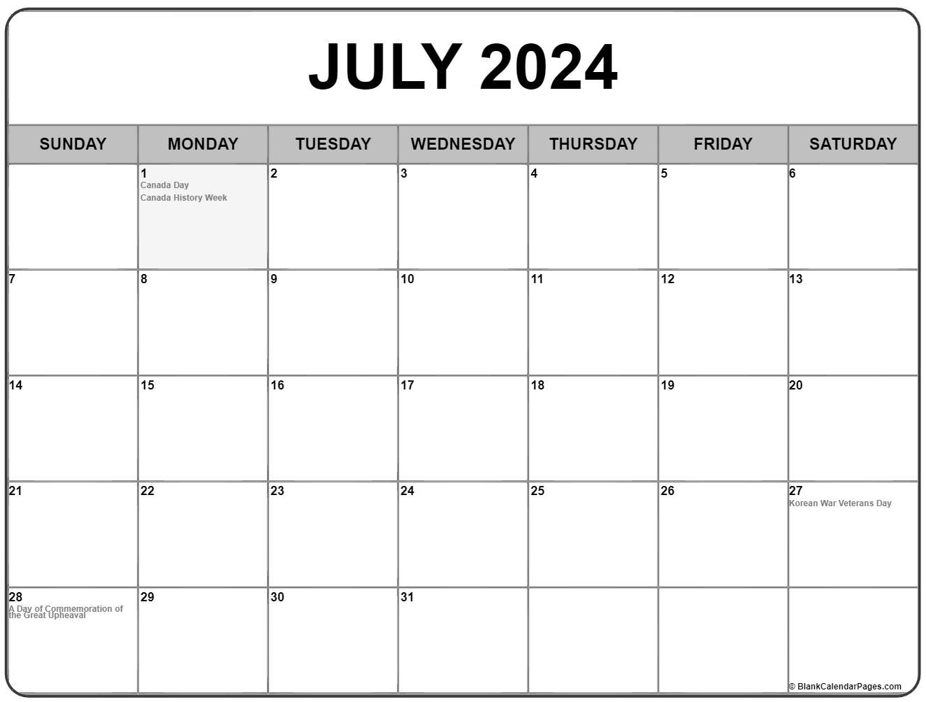Free Printable Calendar July 2023 Canada