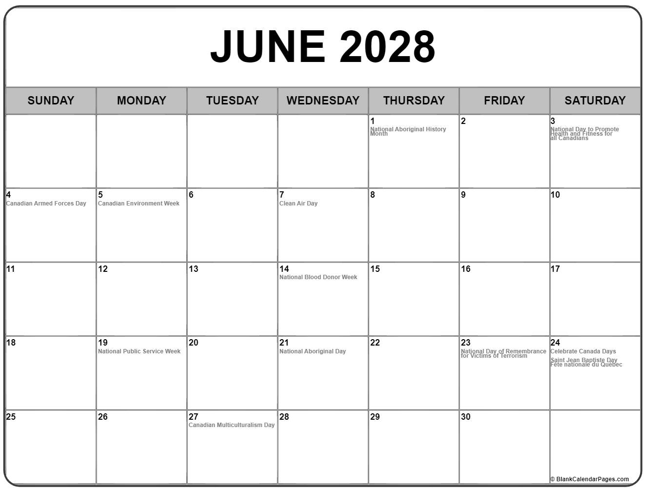 June 2028 Canadian holidays calendar