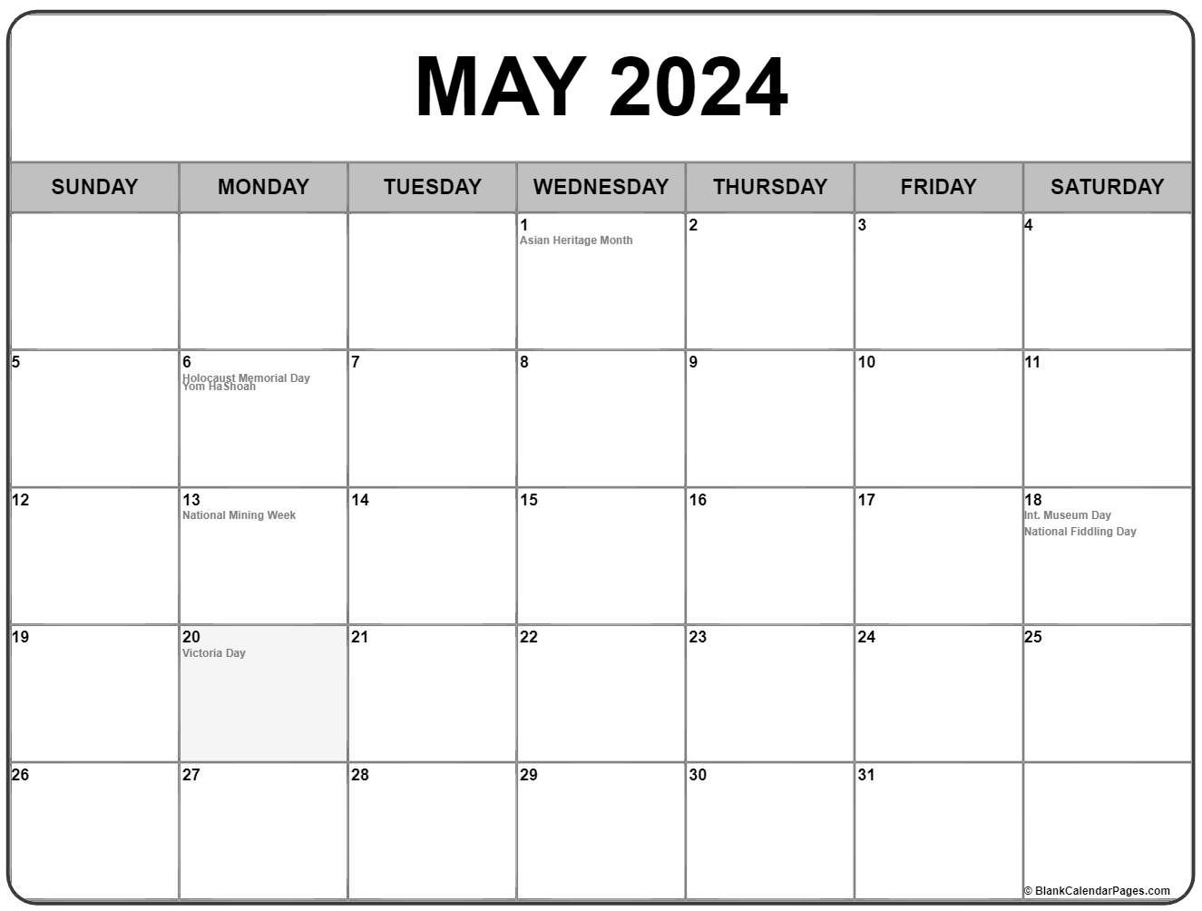 Collection of May 2021 calendars with holidays