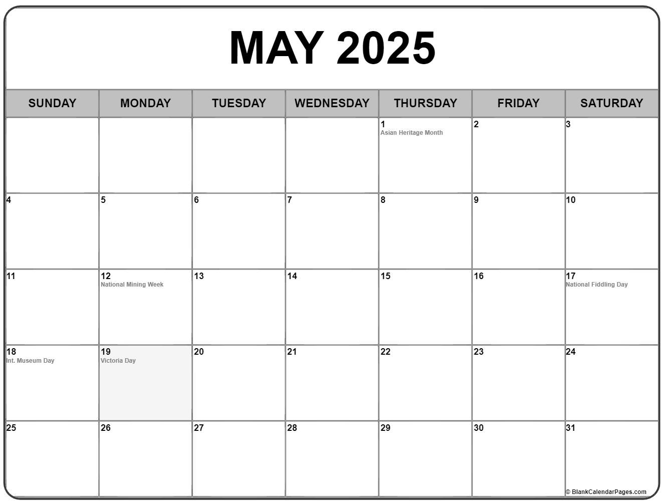 May 2025 with holidays calendar