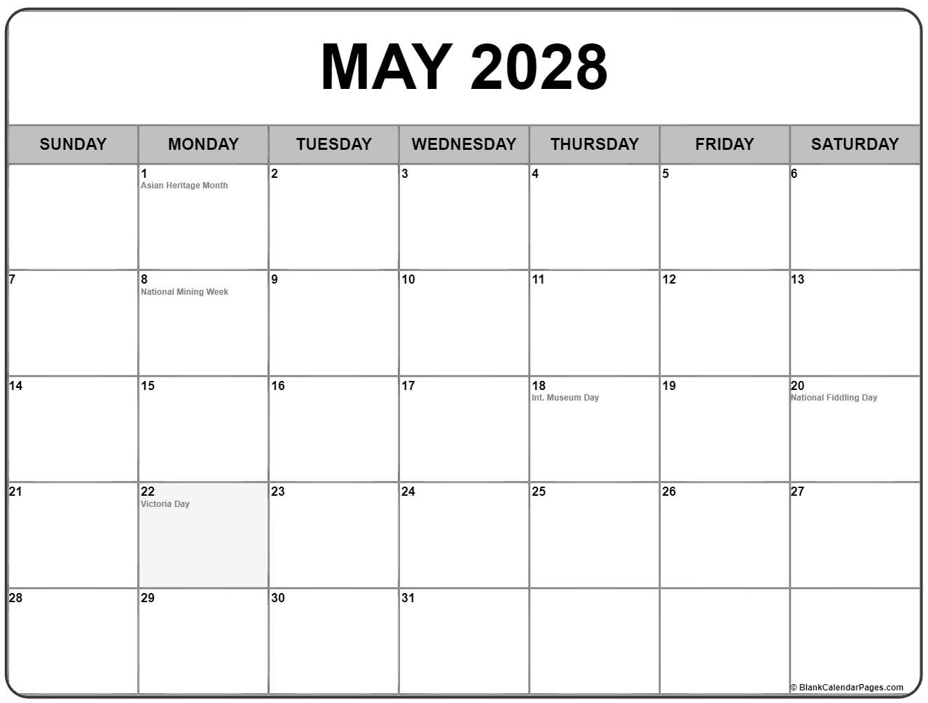 May 2028 Canadian holidays calendar