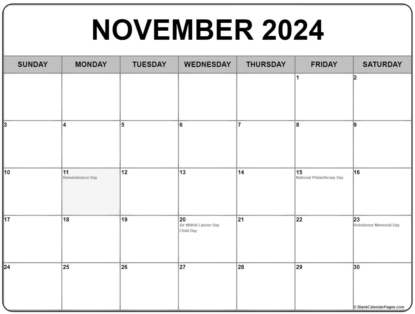 November Calendar 2018 Canada