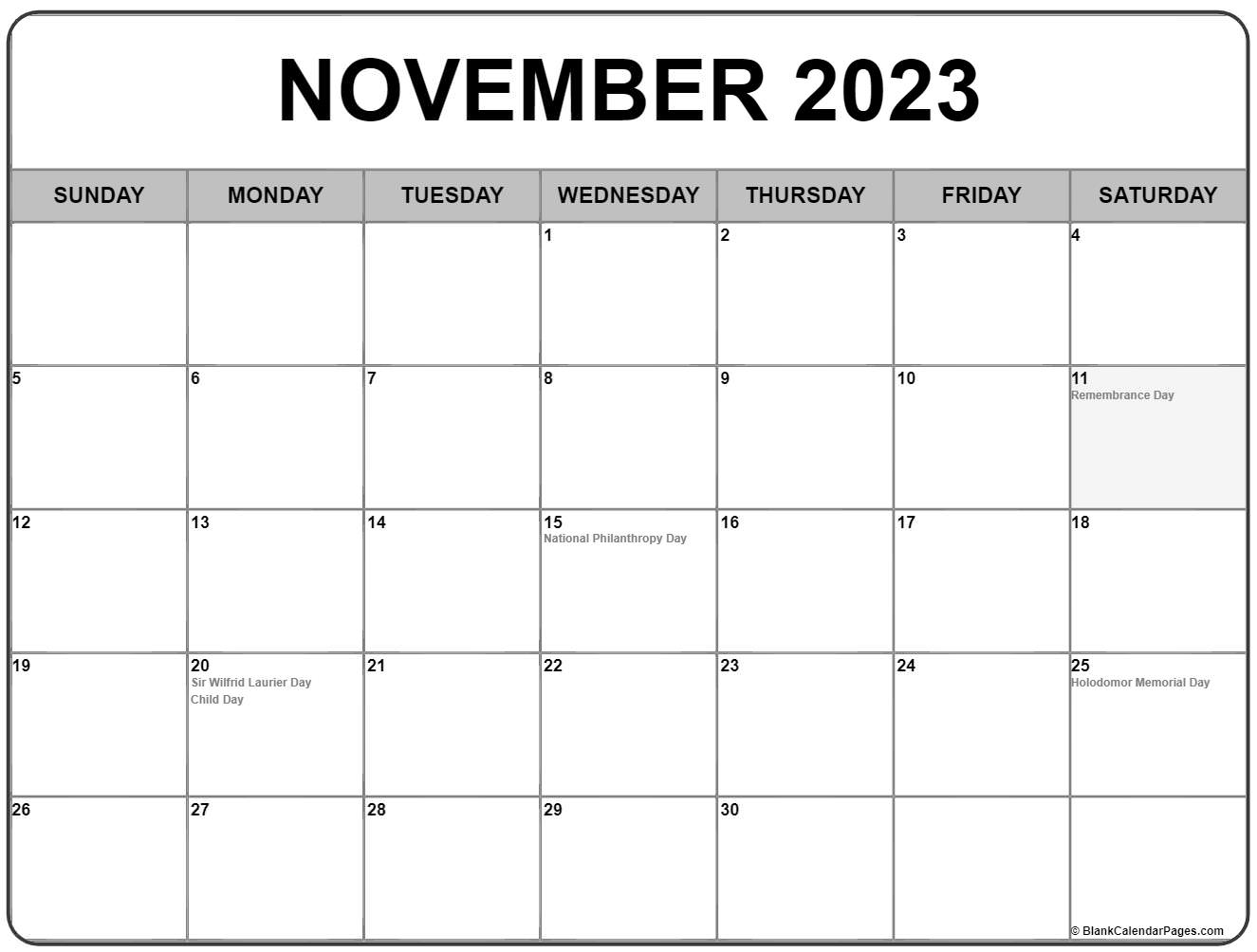 Free Printable November 2023 Monthly Calendar With Holidays