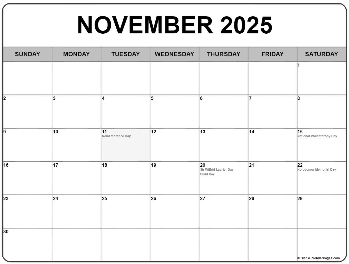 November 2025 With Holidays Calendar