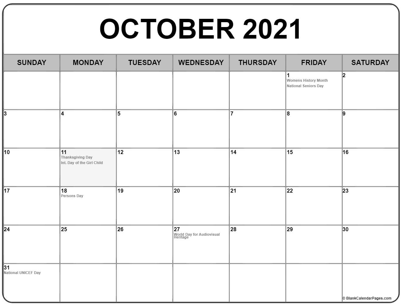 Collection of October 2021 calendars with holidays