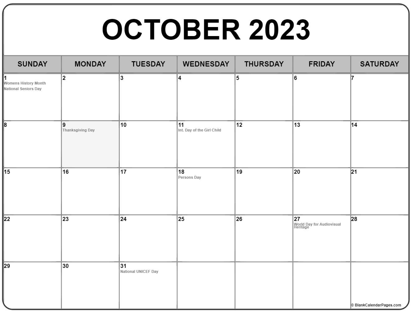 October 2023 with holidays calendar