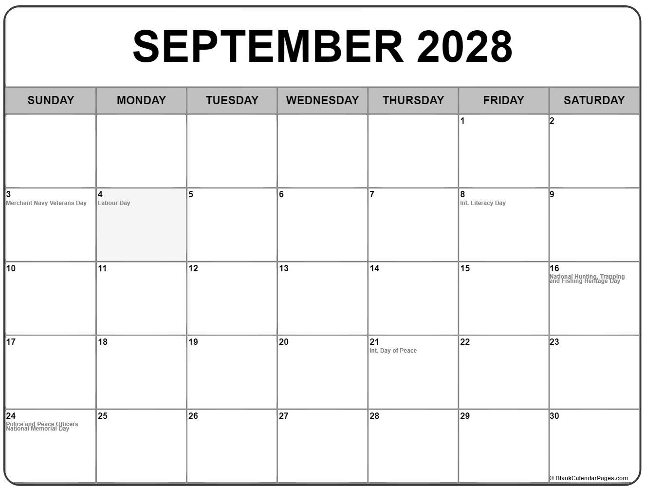 September 2028 Canadian holidays calendar