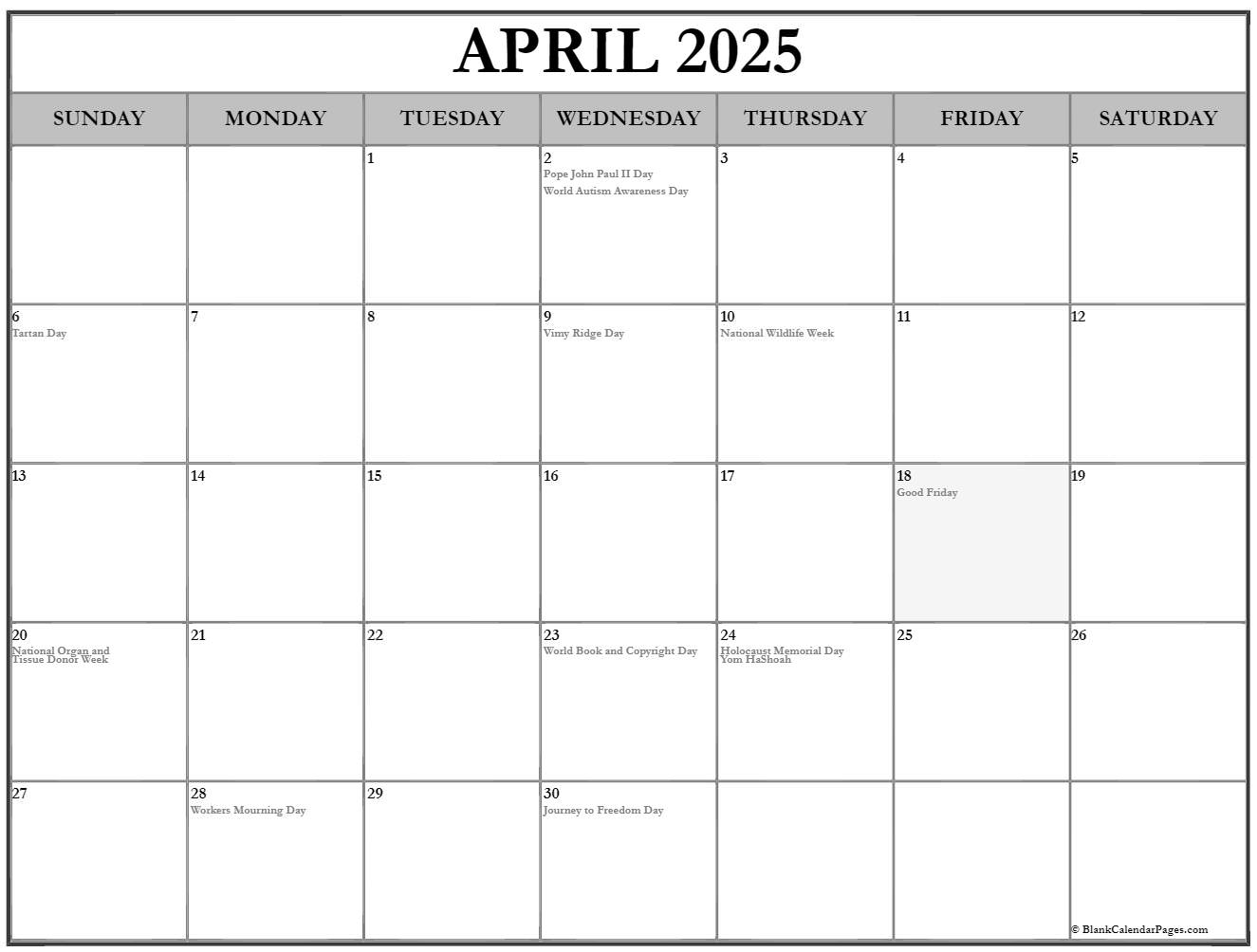 April 2025 With Holidays Calendar