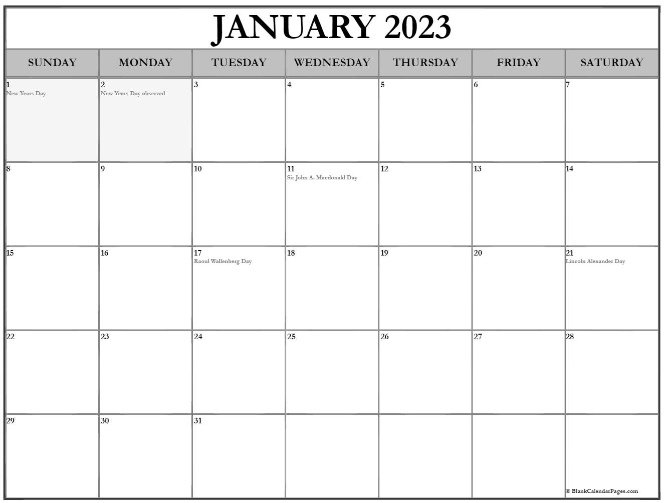 January 2023 with holidays calendar