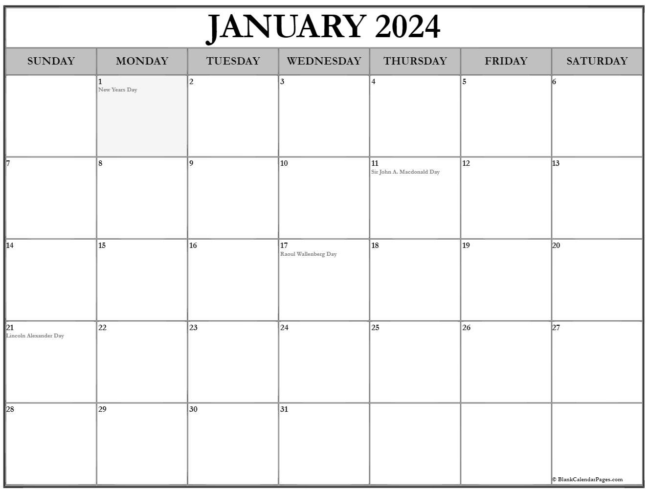 January Calendar Canada