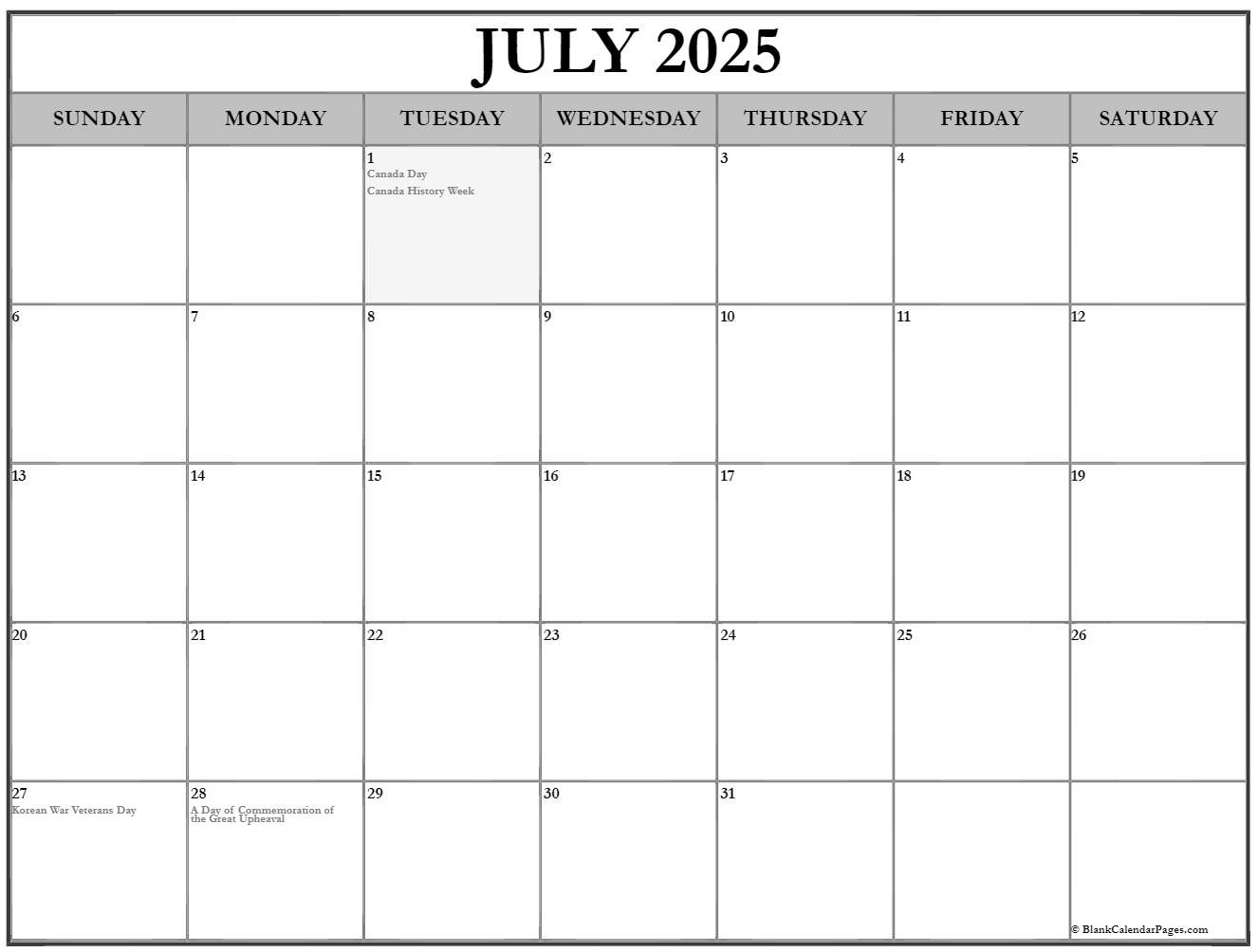 July 2025 with holidays calendar