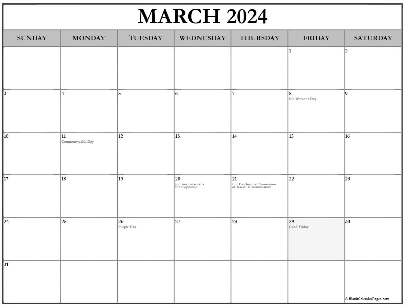 Collection of March 2021 calendars with holidays