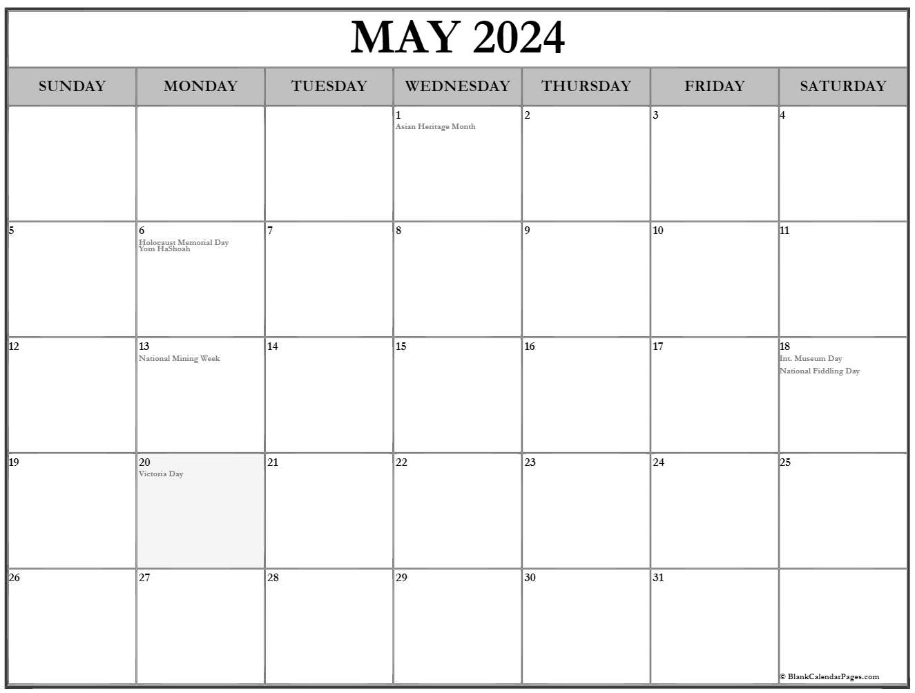 Collection of May 2020 calendars with holidays