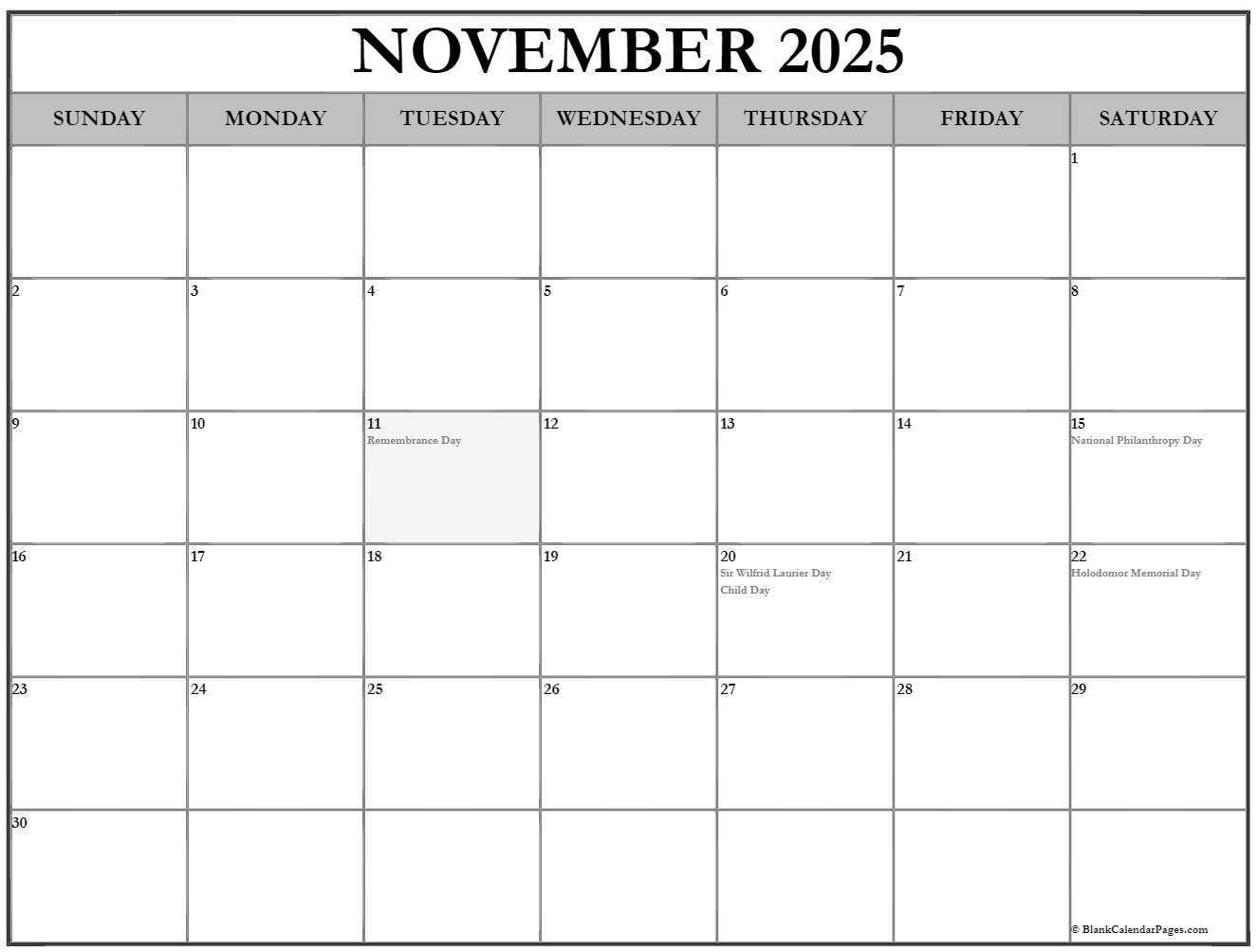 November Weekly Calendar 2025 With Holidays