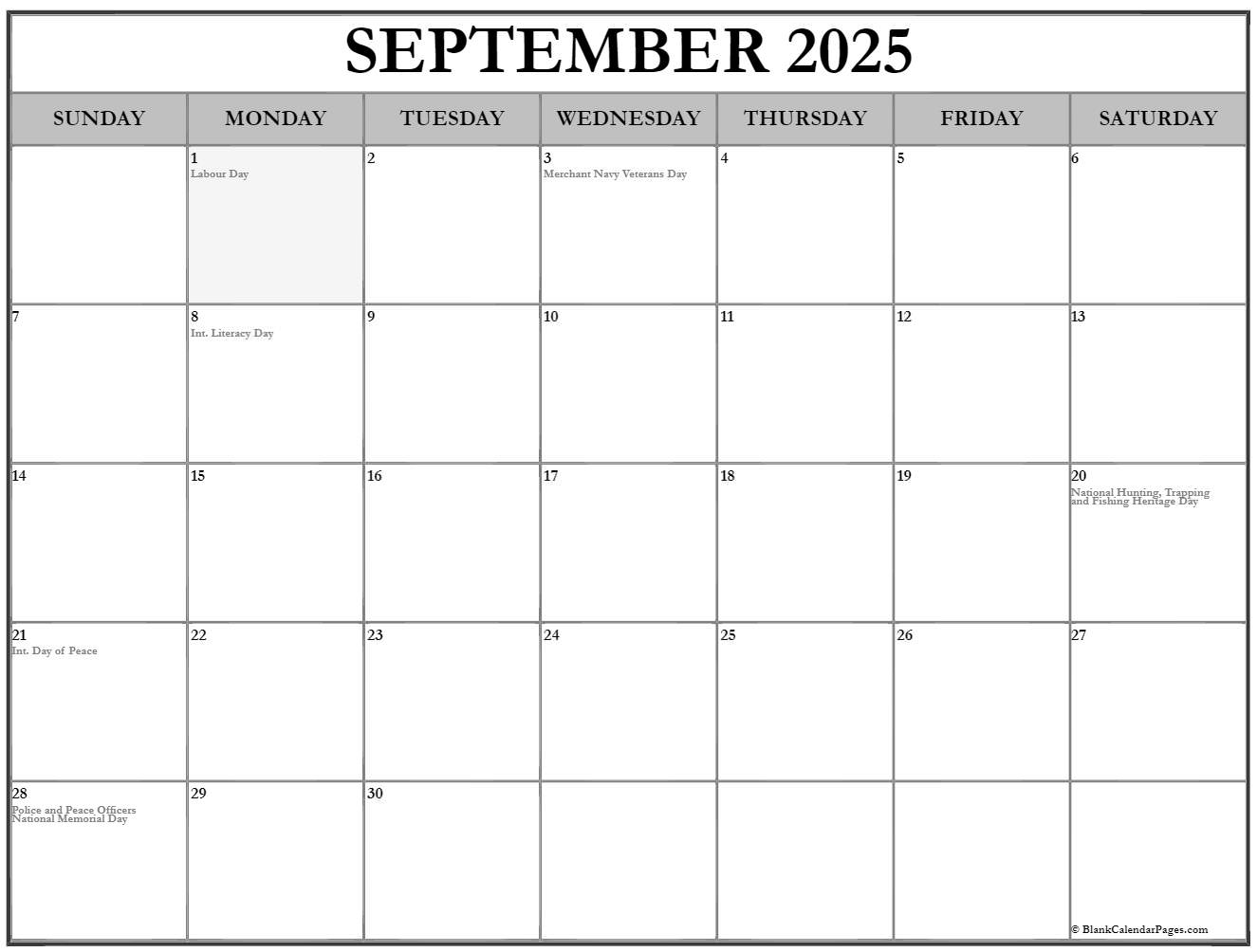 September 2025 With Holidays Calendar