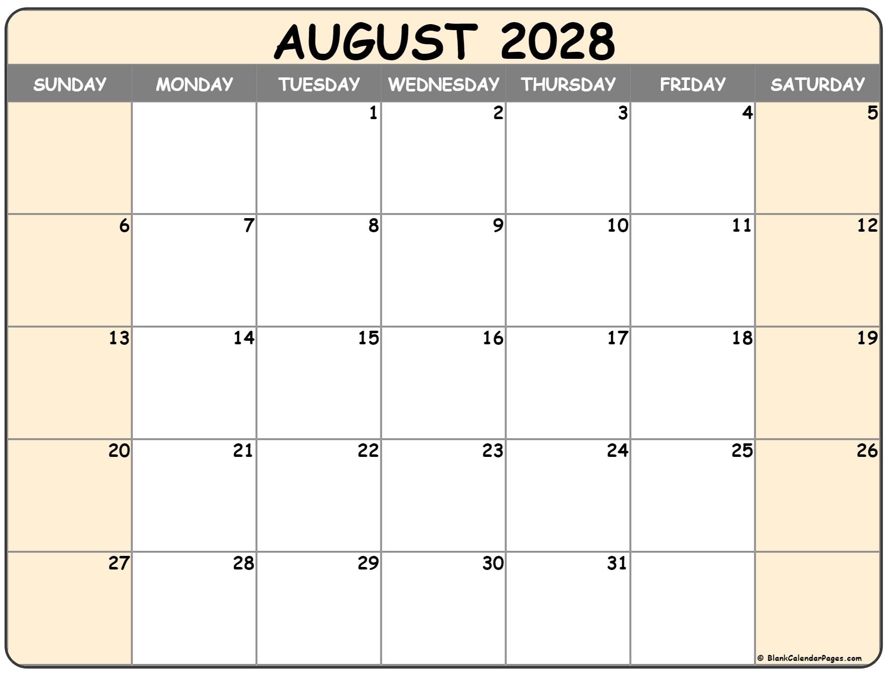 August 2028 landscape format calendar