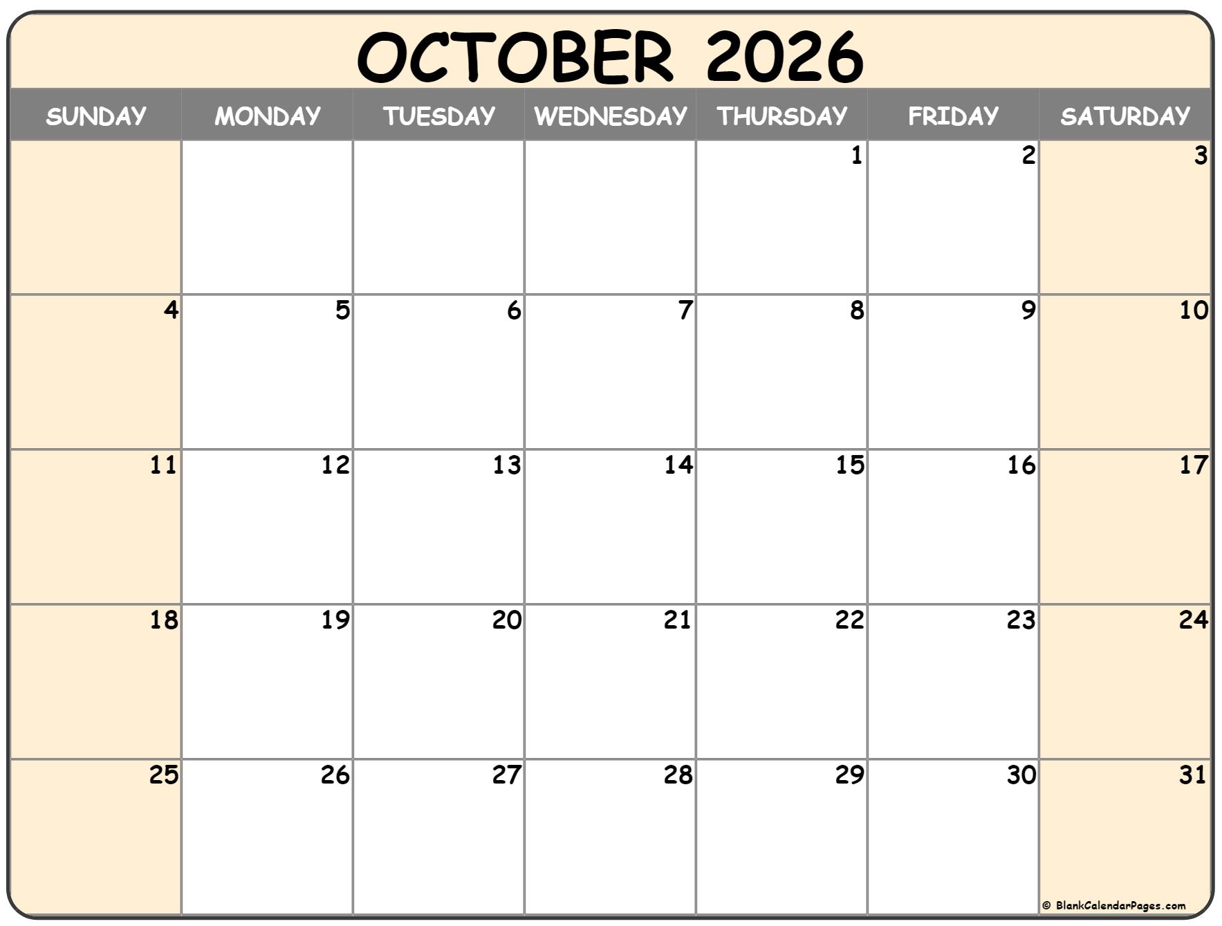 October 2026 Calendar Free Printable Calendar October 2026 Calendar Free Printable Calendar