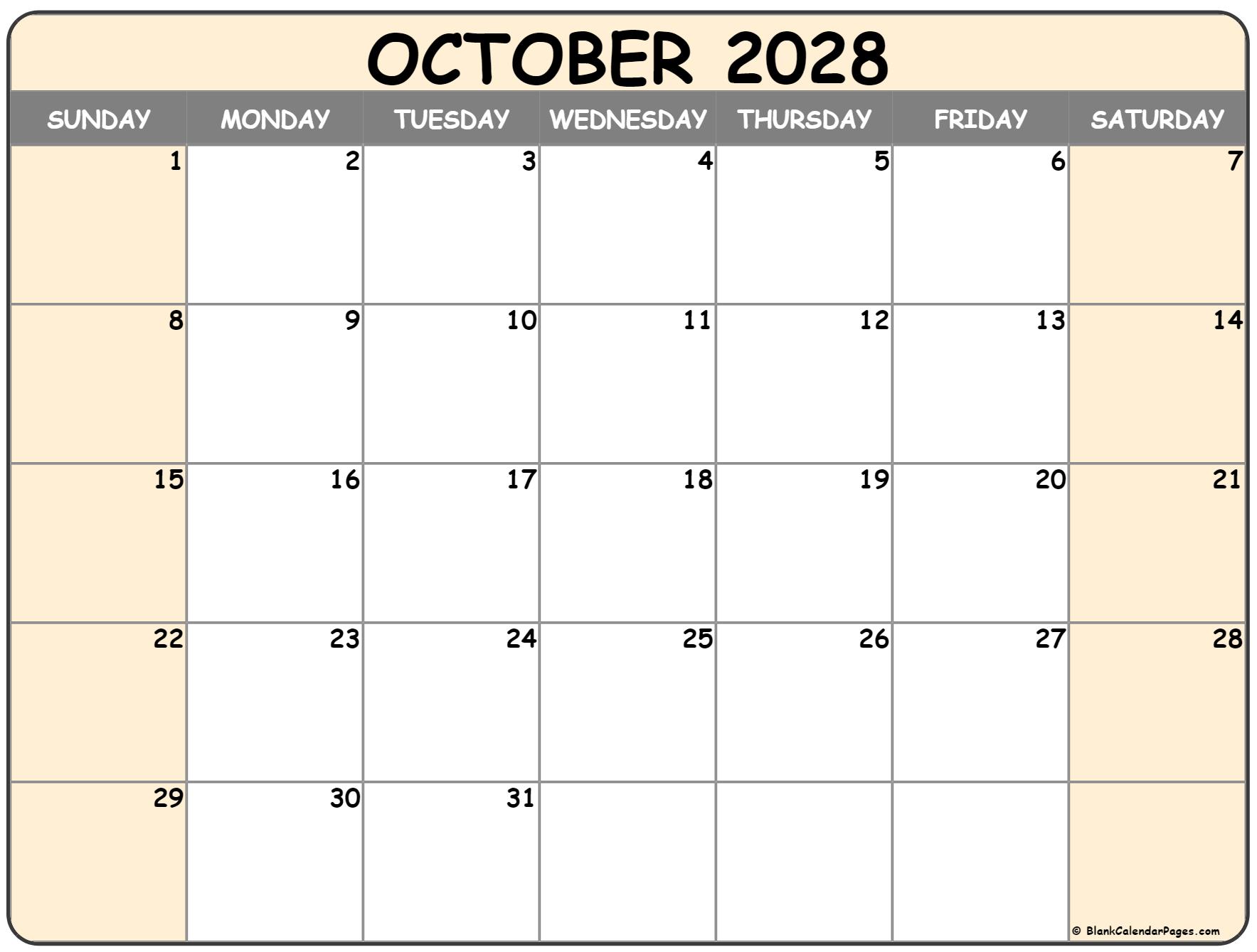 October 2028 landscape format calendar