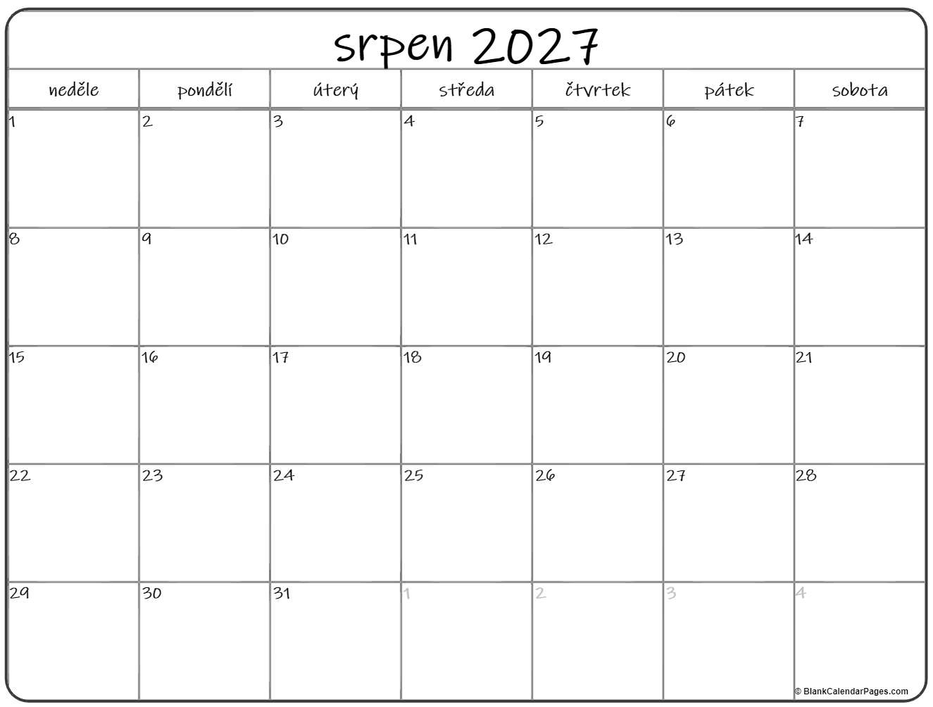 srpen 2027 kalendář