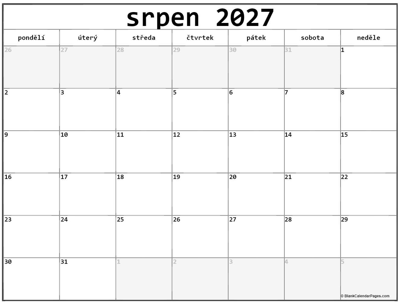 srpen 2027 kalendář