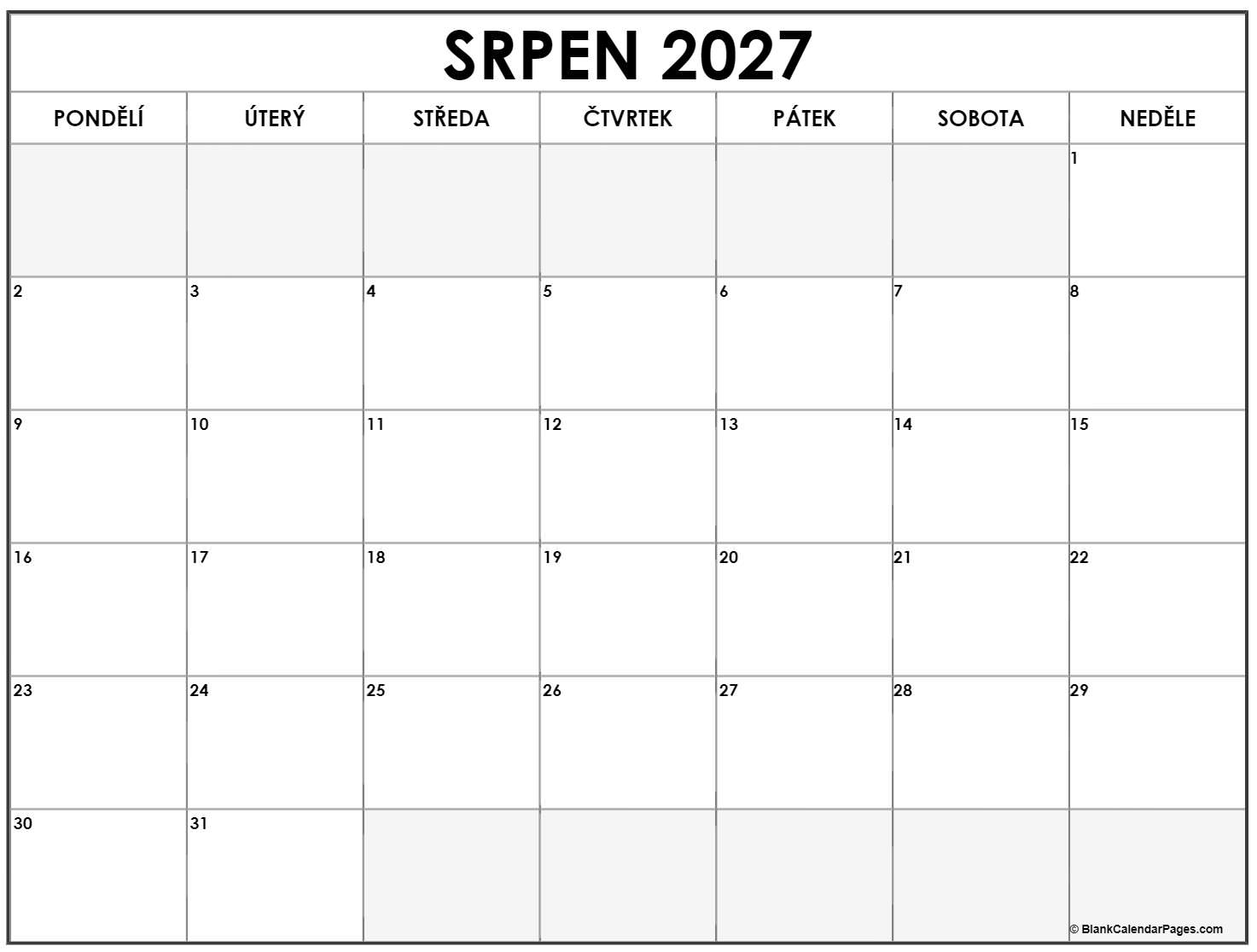 srpen 2027 kalendář