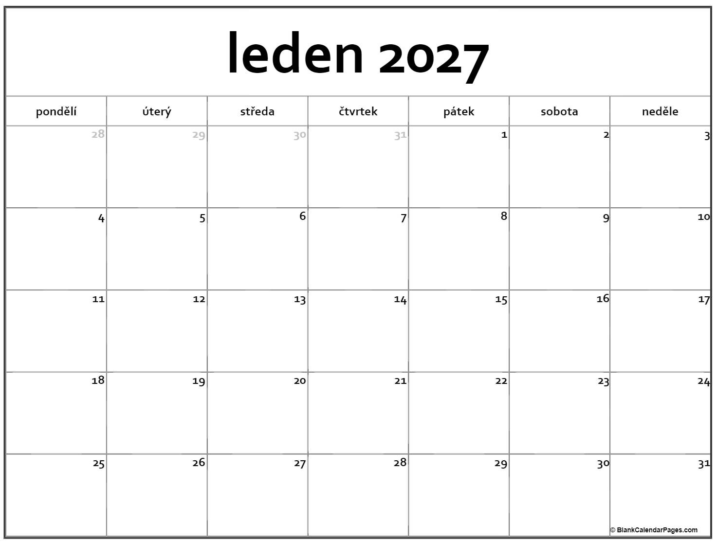 Leden 2027 Zdarma Tisknuteln Kalend Kalendar Leden