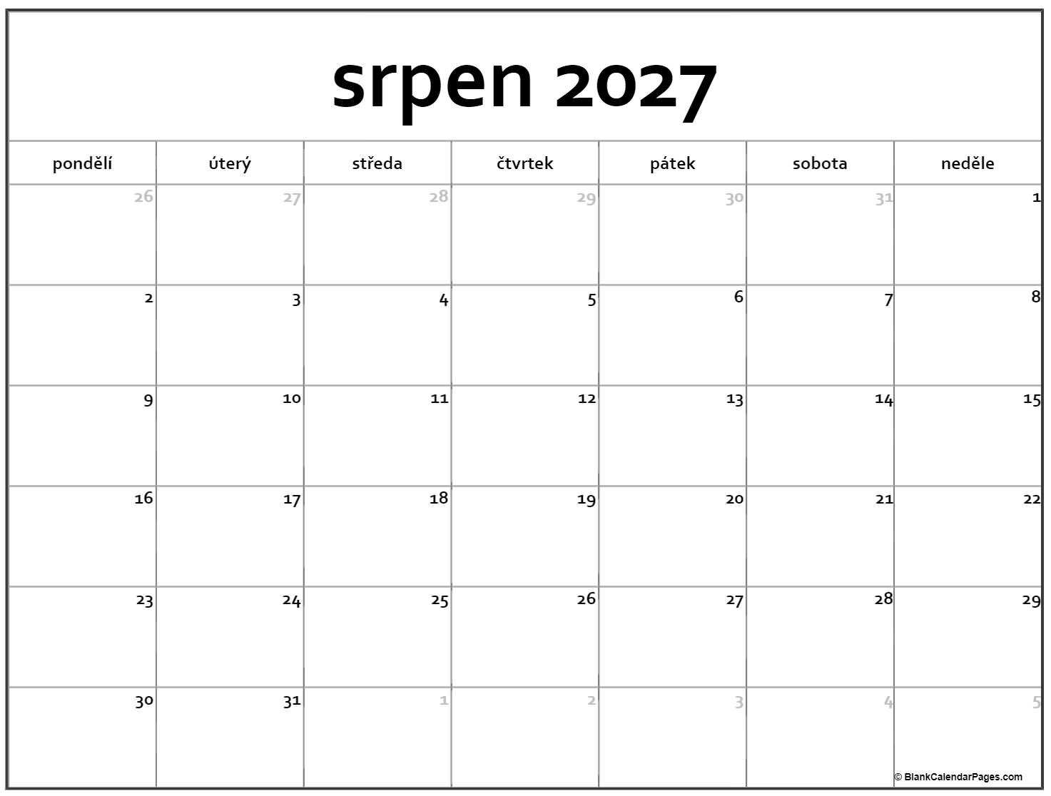 srpen 2027 kalendář