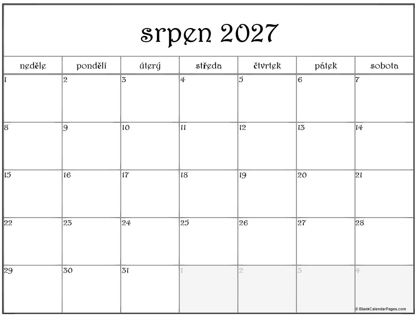 srpen 2027 kalendář