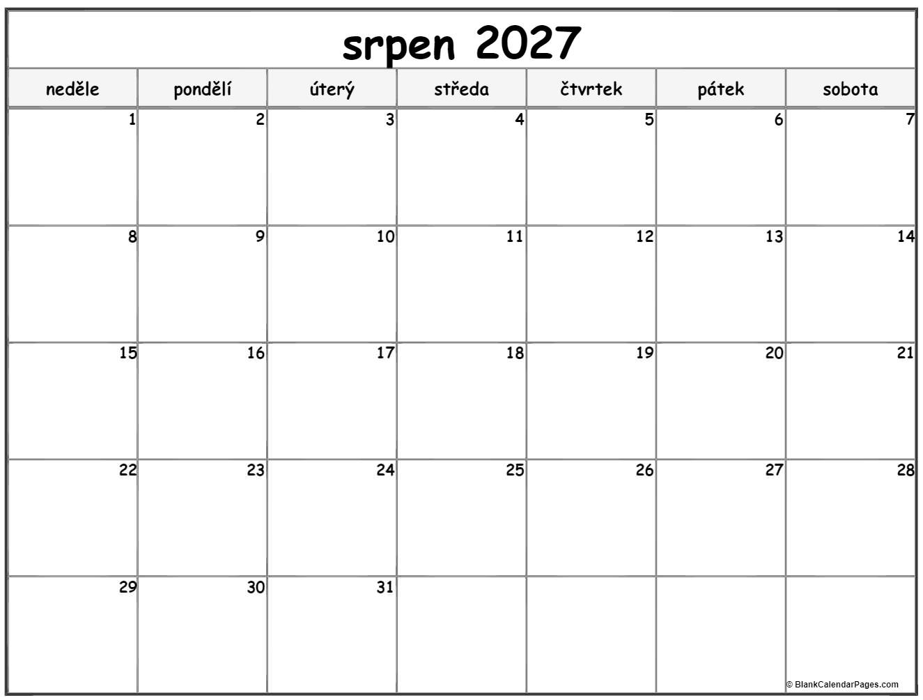 srpen 2027 kalendář