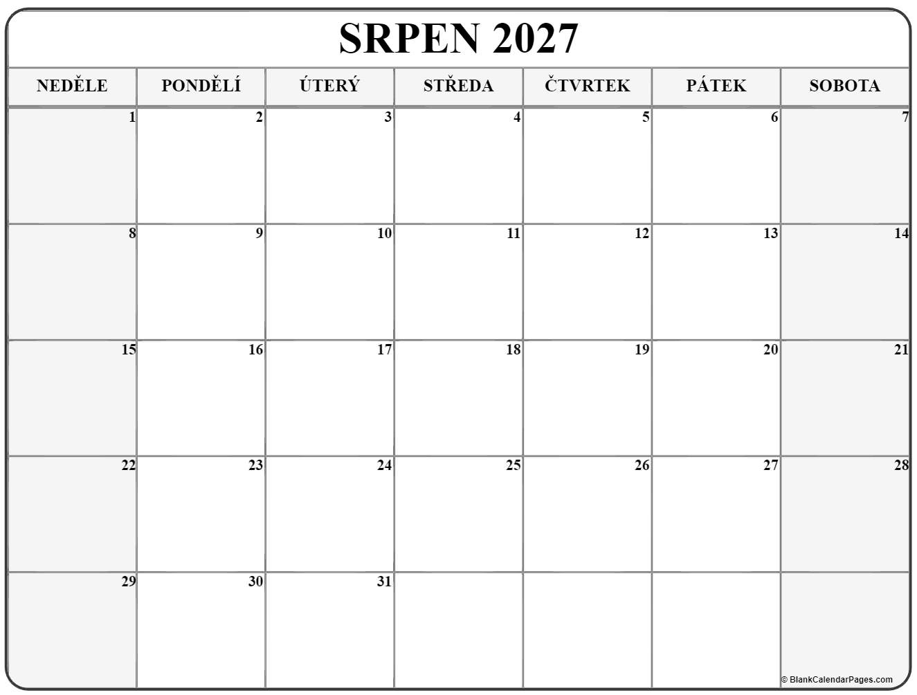 srpen 2027 kalendář