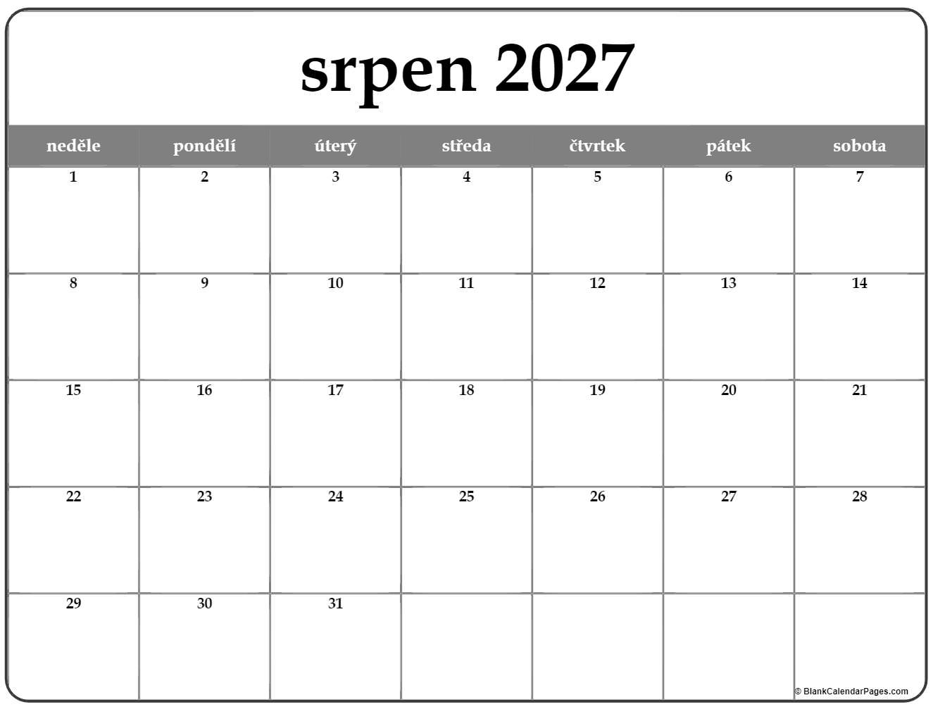 srpen 2027 kalendář
