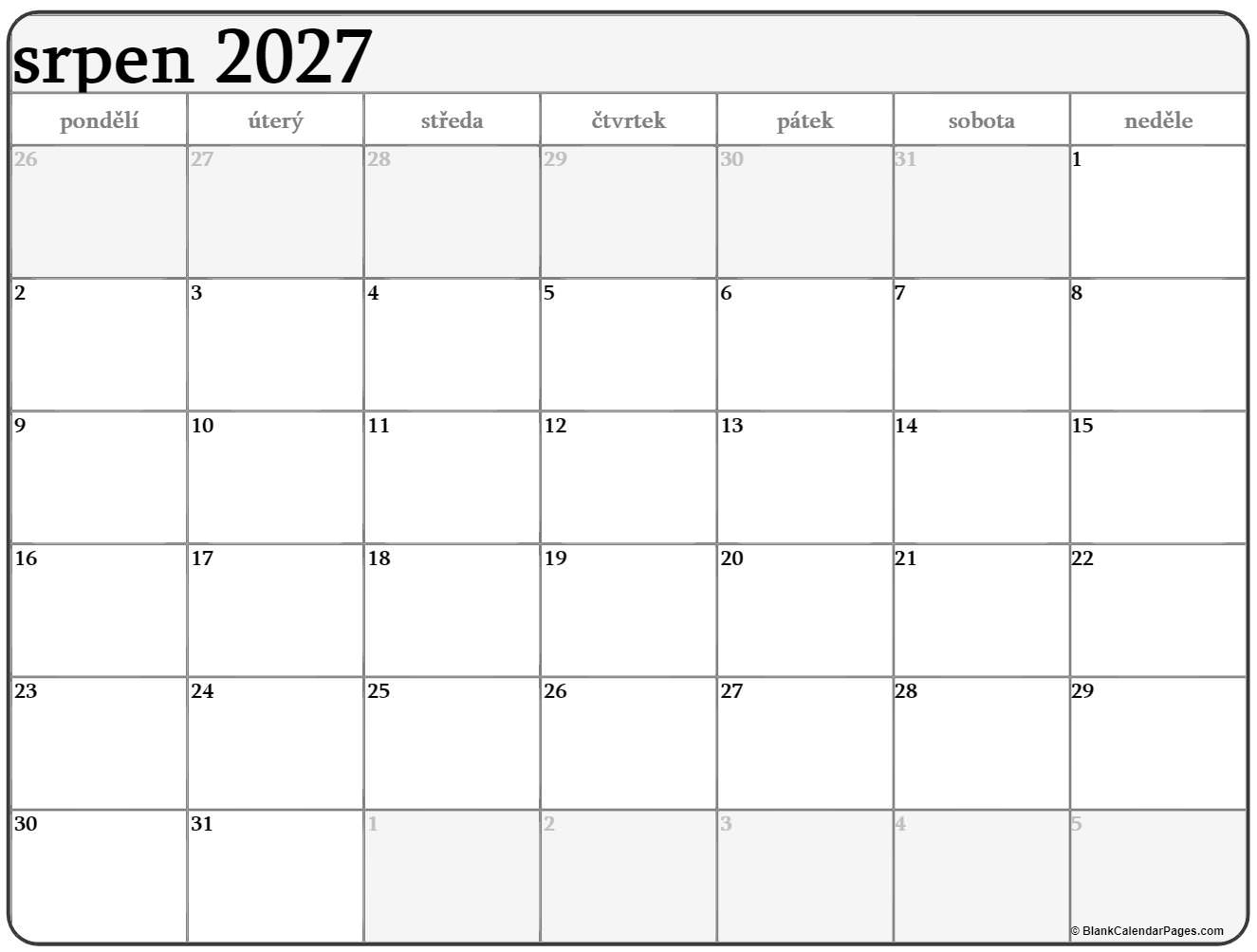 srpen 2027 kalendář