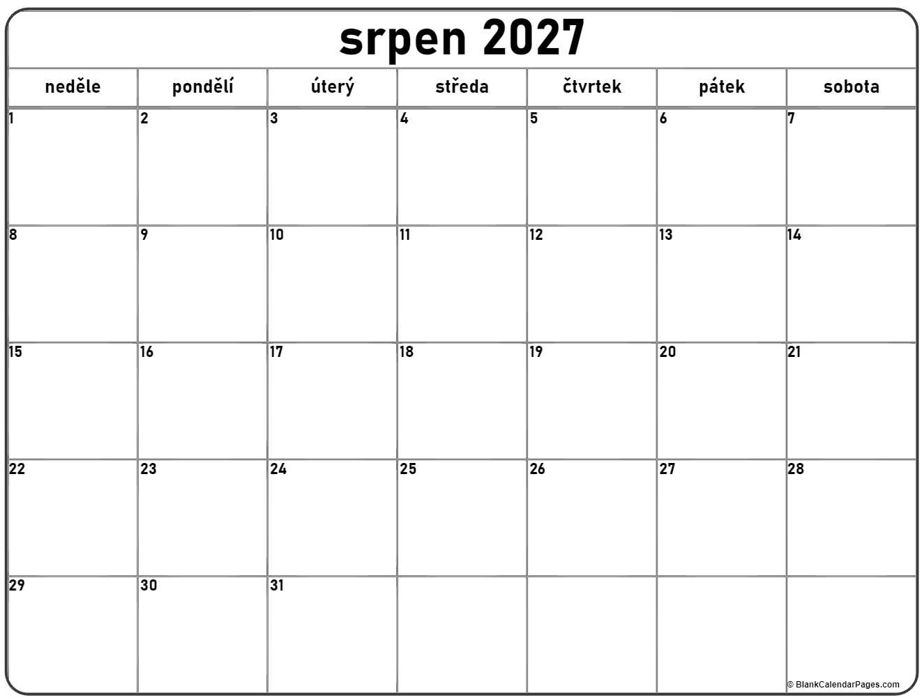 srpen 2027 kalendář