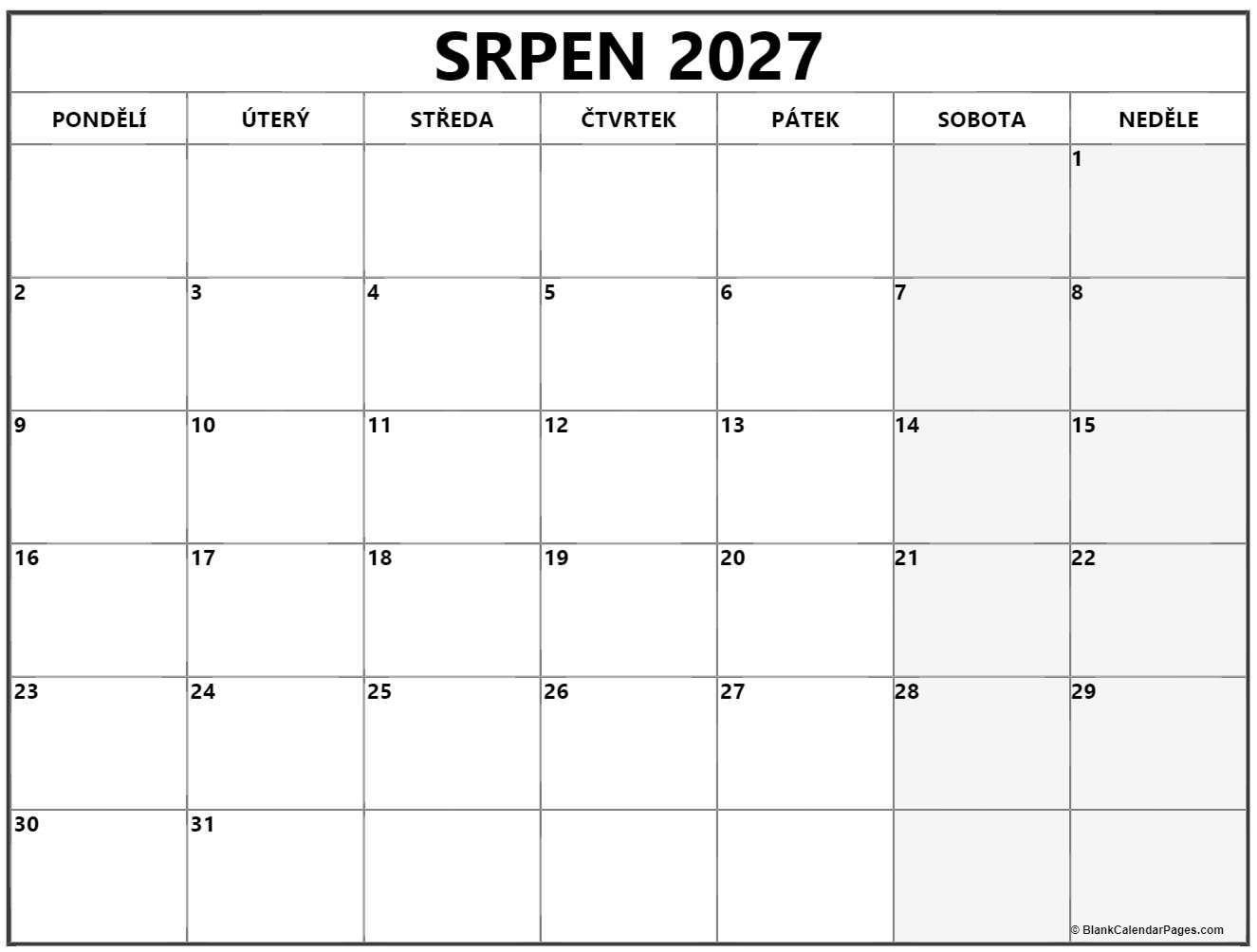 srpen 2027 kalendář
