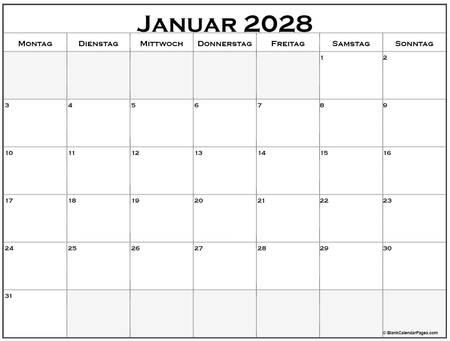 Januar 2028 kalender Montag starten