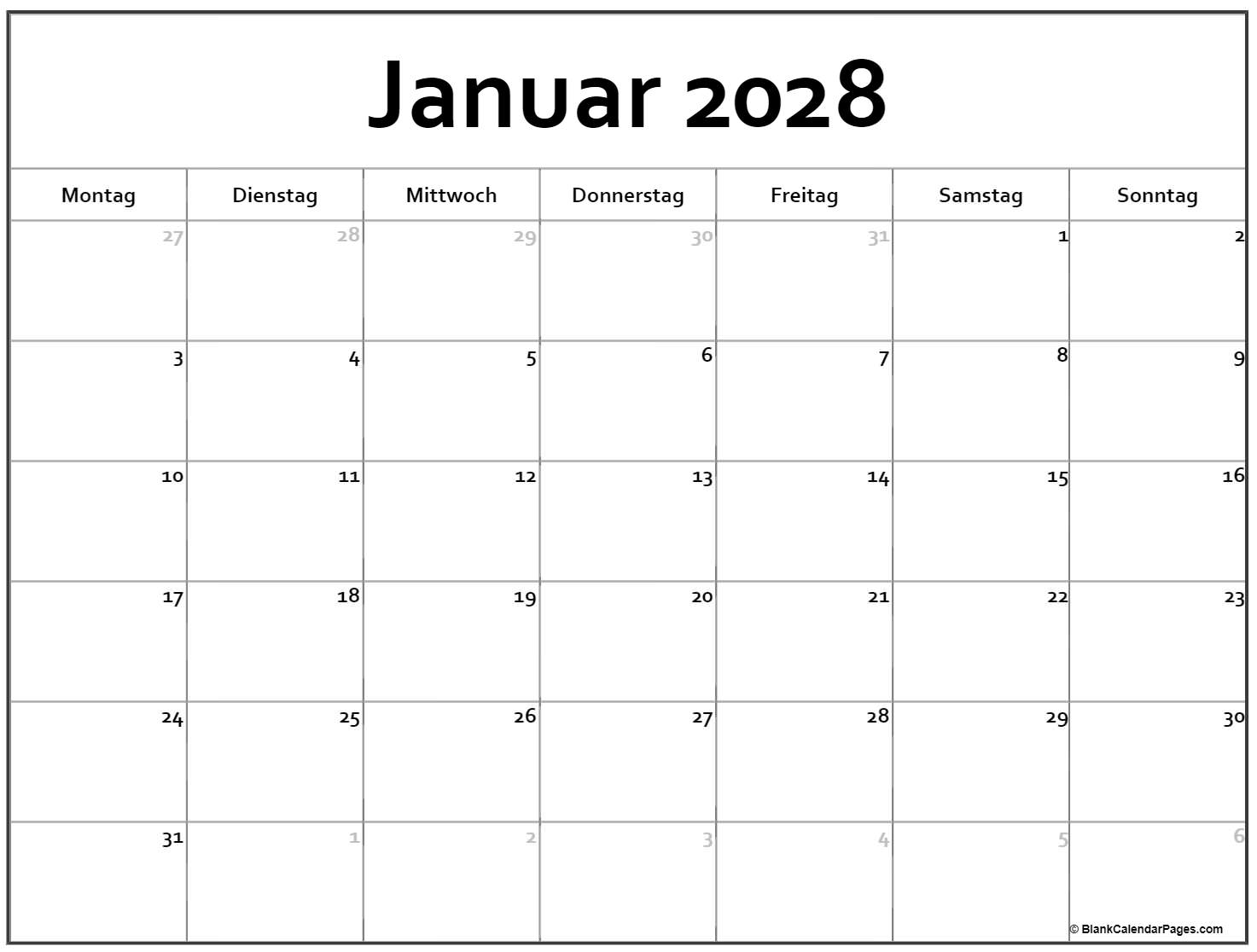Januar 2028 kalender Montag starten