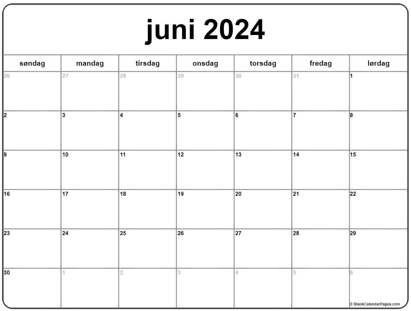 juni 2024 kalender Dansk Kalender juni