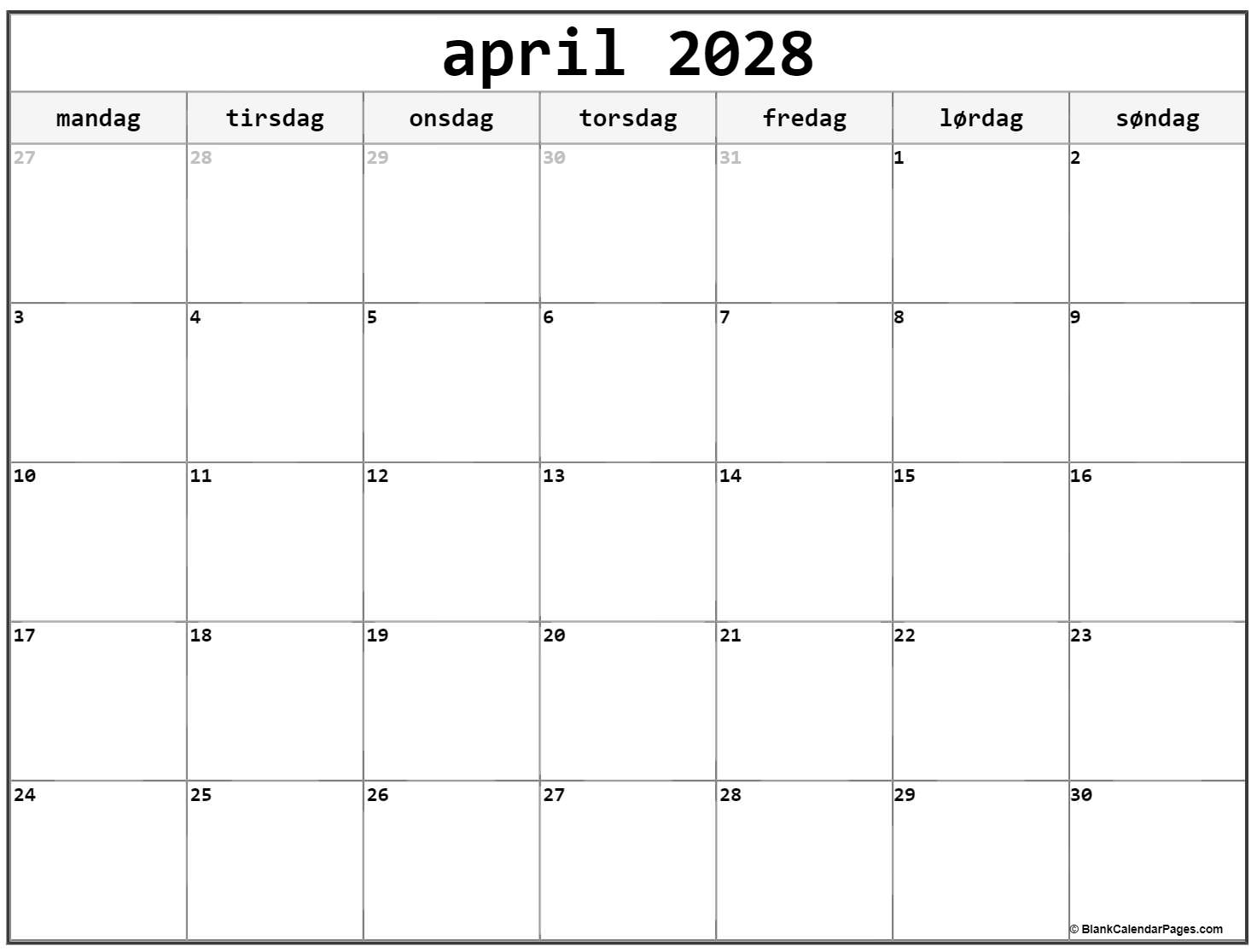 april 2028 kalender mandag start